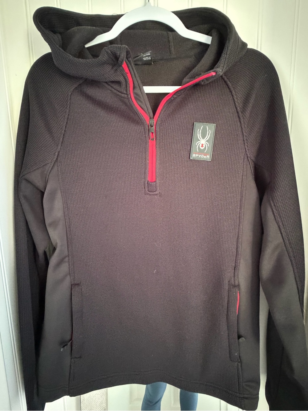 Spyder Men’s Black Hoodie Half-Zip Jacket with Red Trim Accents